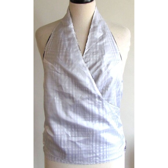 DESIGNER LAFAYETTE BLACK/WHITE GINGHAM 100% SILK WRAP HALTER BLOUSE SIZE 14.R - Picture 12 of 14